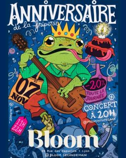 CONCERT D'ANNIVERSAIRE (ça rime !)
🐸🐸🐸

SAMEDI 7 NOVEMBRE on fête nos 1 an d'associées avec Momoooooooooo !!!!!! 
💙🖊

Pour l'occasion on va kiffer notre journée c'est sûr, Mais tu sais quoi ? On veut te voir et partager ce moment avec toi ! Vous tous qui faites vivre Bloom !!! 

Keskonféééyyy ???
• -20% sur la boutique ⌚️ 11h - 22h
• buffet à la cool fin de journée 🍻🥨
• CONCEEEEERT à 20h !! 🚀
On accueille un groupe de super musiciens au doux nom de @frenchmarecage 🐸🤘

Tomas fait parti de nos fidèles clients adorés qui passe une tête toutes les semaines depuis 5 ans, fait des blagues et nous met toujours le sourire 😃 
On lui laisse ✨️ lumière & micro avec ses acolytes ! Edgar, Eddy, Louis & Ludo 🎸🥁🎙
🤘🤘🤘 pour un moment foufou, rock & punk @frenchmarecage

On est ultra contentes de lever un verre tous ensemble !!! Quelle folle aventure !!! VIENS BOIRE UN COUP AVEC NOUS !!!

Bloom d'un jour, Bloom toujours 💙
Samedi 7 novembre 11h - 22h 
Nocturne festive & joyeuse 
Sur nos murs 👉 @frompainn EXPO à (re)découvrir pour l'occasion 🖼
Sans oublier Estelle ! Merci @aurage pour l'affiche de FOLIIIIIIE et fuck l'IA ✨️🐸

Bloom Friperie contemporaine mixte 
& Ateliers créatifs 
🗓 du mardi au samedi
🕖 11H-19H 
📍 25 rue des capucins 69001

Bisous 🍑🚀✨️
Elise & Momo